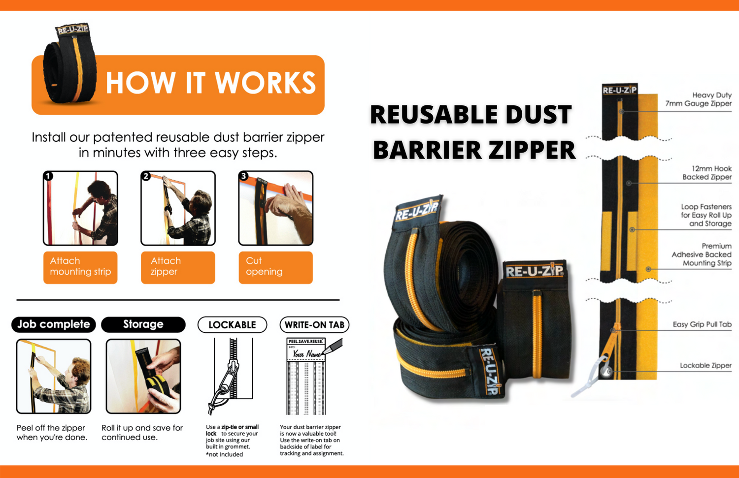 RE-U-ZIP Reusable and lockable dust barrier zipper