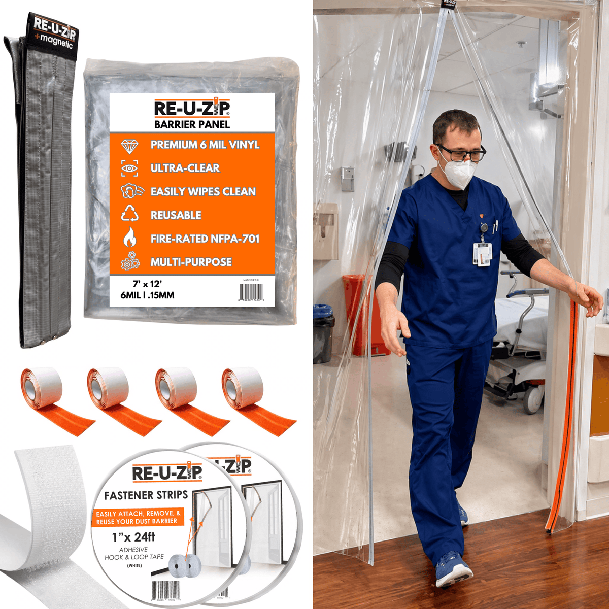 RE-U-ZIP® | DUST CONTAINMENT EVOLVED™ Construction XL 6 Mil (7x12ft) RE-U-ZIP® Ultra-Clear Magnetic Entry Strip™ Door Kit
