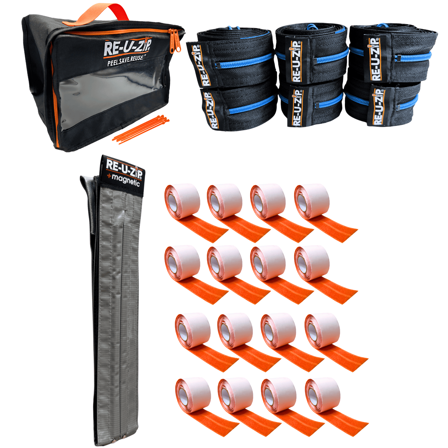 RE-U-ZIP INNOVATIVE DUST BARRIER SOLUTIONS Construction BLUE RE-U-ZIP® MAGNETIC ENTRY STRIP™ | STARTER KIT + DUST BARRIER ZIPPER | PRO BUNDLE