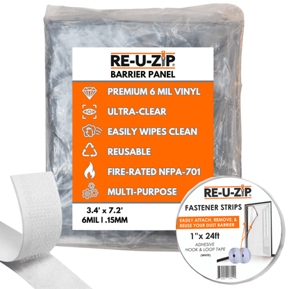 RE-U-ZIP® | DUST CONTAINMENT EVOLVED™ Construction 5 x 8.5 FT 6 Mil FR Barrier + 24 FT Fastener Strips RE-U-ZIP® ULTRA-CLEAR MAGNETIC FLAP DOOR KIT