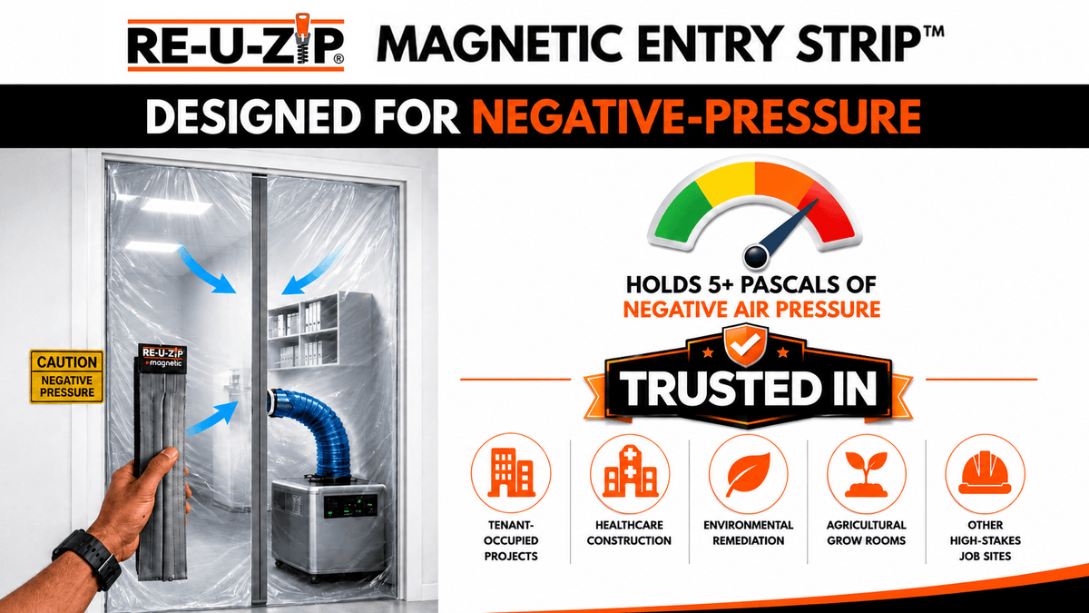 RE-U-ZIP® | DUST CONTAINMENT EVOLVED™ Construction 5 x 8.5 FT 6 Mil FR Barrier + 24 FT Fastener Strips RE-U-ZIP® Ultra-Clear Magnetic Flap Door Kit