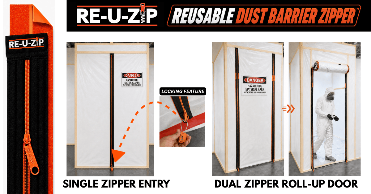 RE-U-ZIP® | DUST CONTAINMENT EVOLVED™ Construction 5 x 9 FT Barrier + 24 FT Fastener Strips RE-U-ZIP® ULTRA-CLEAR ROLL-UP ZIPPER DOOR KIT