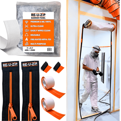 RE-U-ZIP® | DUST CONTAINMENT EVOLVED™ Construction COMMERCIAL | 5 x 5.8 FT Barrier + 24 FT Fastener Strips RE-U-ZIP® ULTRA-CLEAR ROLL-UP ZIPPER DOOR KIT