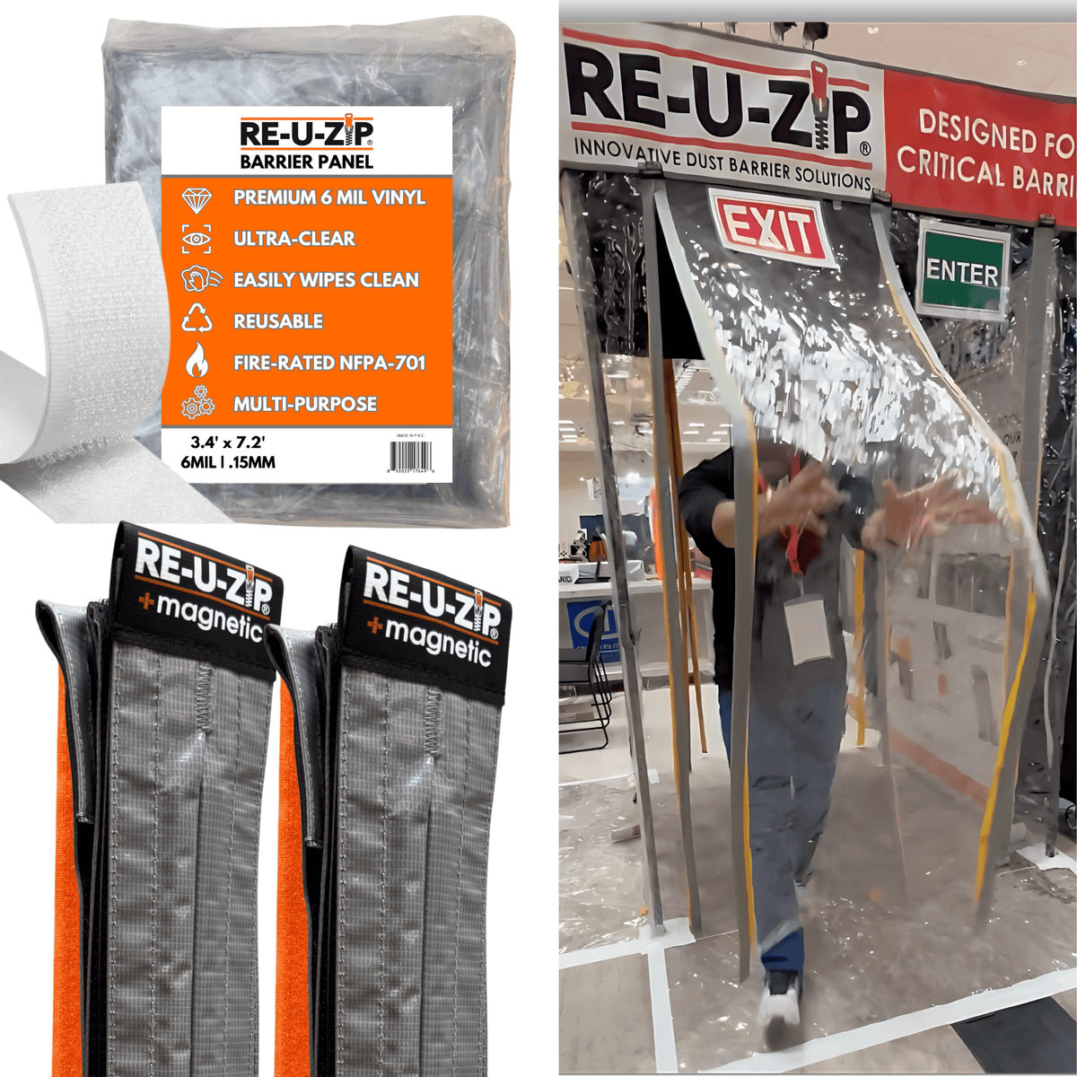 RE-U-ZIP® | DUST CONTAINMENT EVOLVED™ Construction Commercial | 5 x 8.5 FT 6 Mil FR Barrier + 24 FT Fastener Strips RE-U-ZIP® Ultra-Clear Magnetic Flap Door Kit