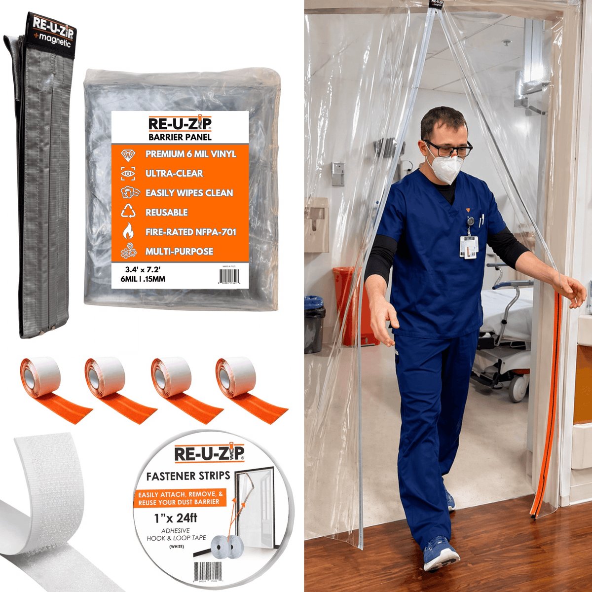 RE-U-ZIP® | DUST CONTAINMENT EVOLVED™ Construction COMMERCIAL 6 Mil (5x8.5ft) RE-U-ZIP® Ultra-Clear Magnetic Entry Strip™ Door Kit