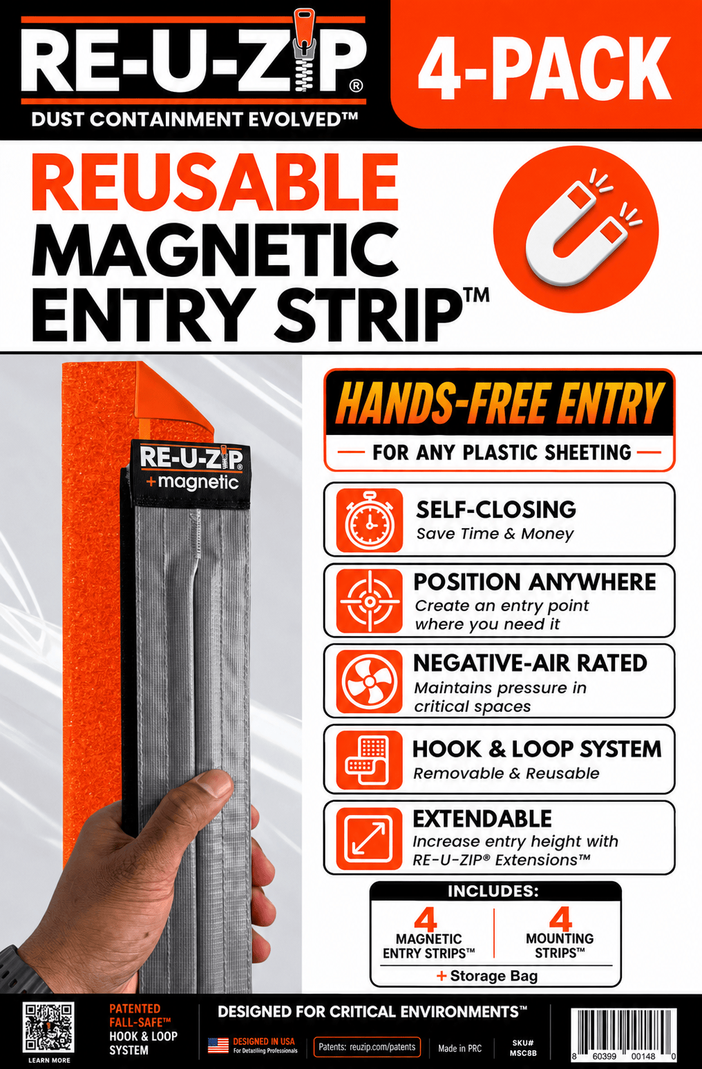 RE-U-ZIP® | DUST CONTAINMENT EVOLVED™ Construction RE-U-ZIP® Self-Closing Magnetic Entry Strip™ | 4-PACK