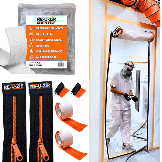 RE-U-ZIP® | DUST CONTAINMENT EVOLVED™ Construction STANDARD | 3.4 x 7.2 FT Barrier + 24 FT Fastener Strips RE-U-ZIP® ULTRA-CLEAR ROLL-UP ZIPPER DOOR KIT
