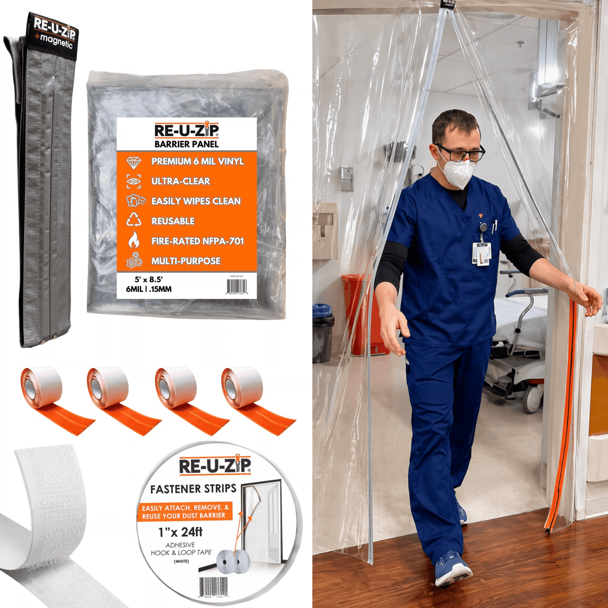RE-U-ZIP® | DUST CONTAINMENT EVOLVED™ Construction STANDARD 6 Mil (3.4 x 7.2ft) RE-U-ZIP® Ultra-Clear Magnetic Entry Strip™ Door Kit