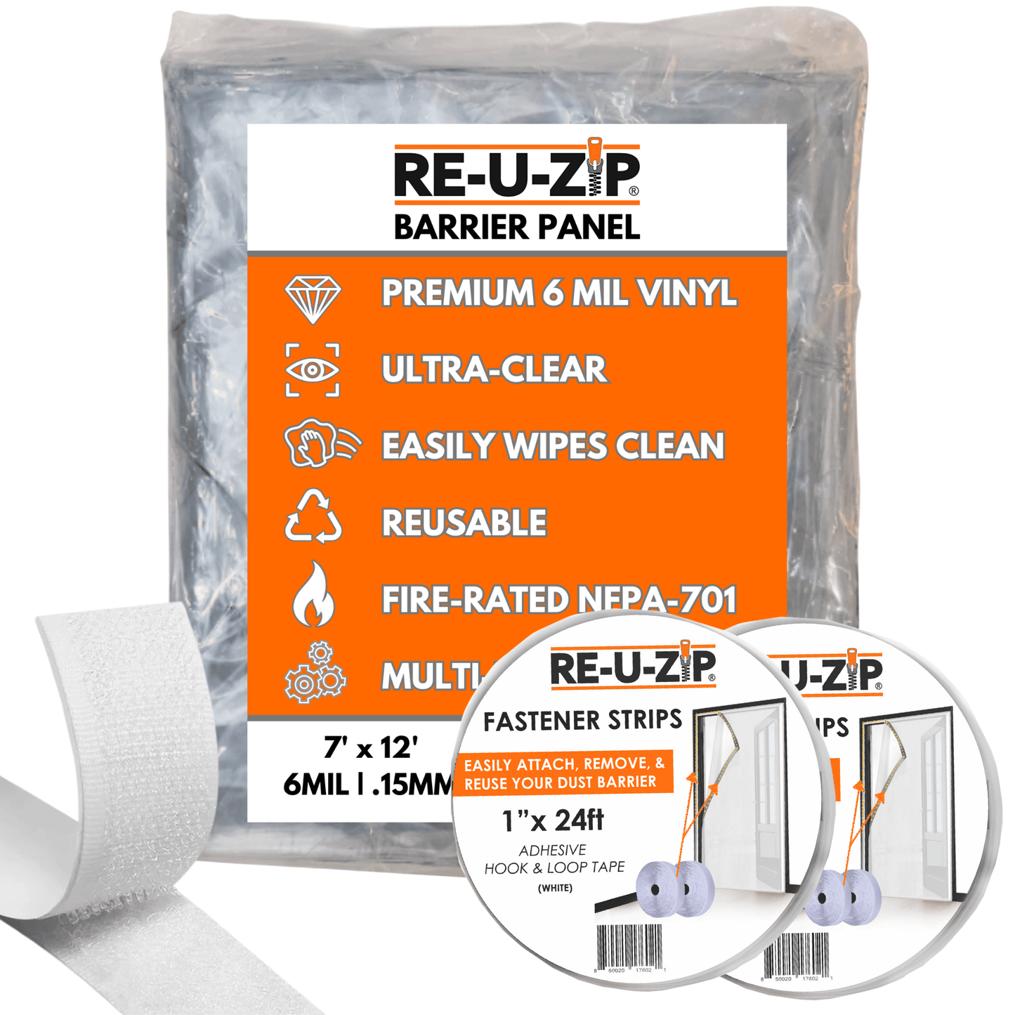 RE-U-ZIP® | DUST CONTAINMENT EVOLVED™ Construction XL 6 Mil (7 x 12ft) RE-U-ZIP® ULTRA-CLEAR HOOK & LOOP BARRIER KIT