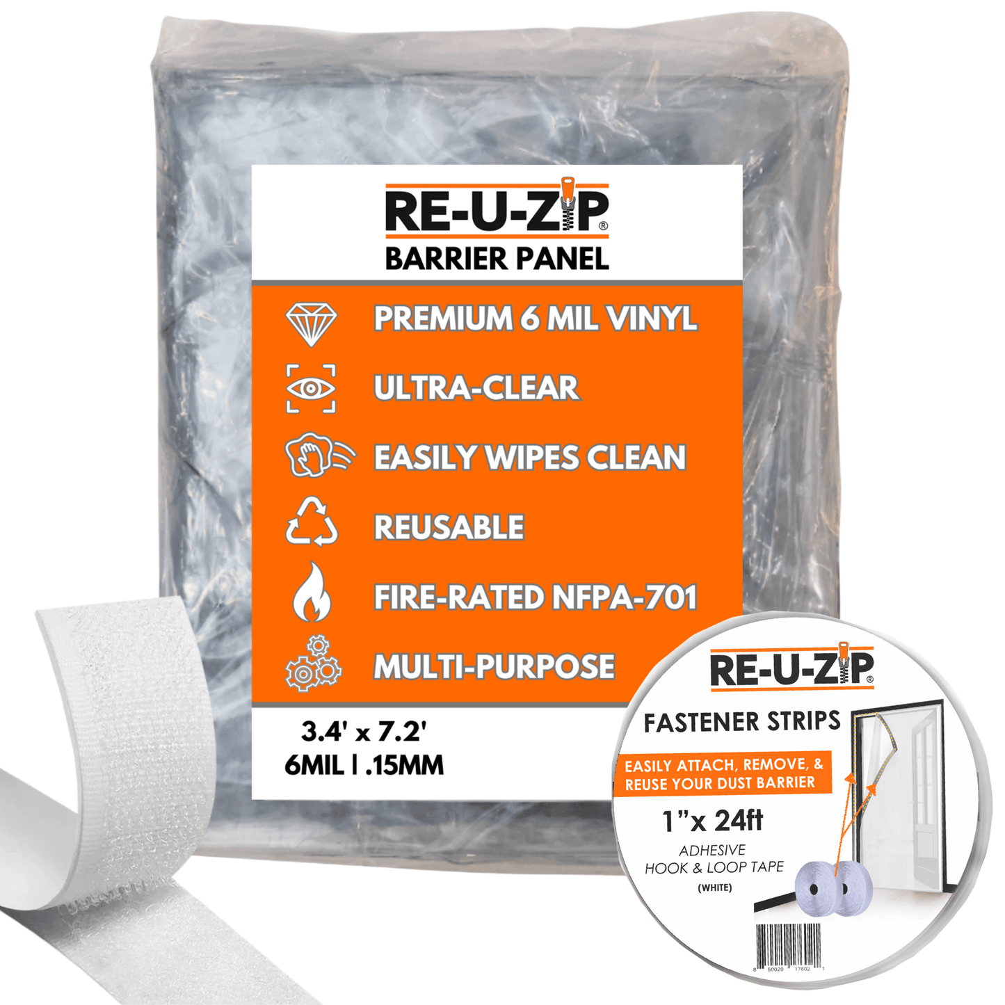 RE-U-ZIP INNOVATIVE DUST BARRIER SOLUTIONS Construction STANDARD 6 Mil (3.4 x 7.2ft) RE-U-ZIP® ULTRA-CLEAR HOOK & LOOP BARRIER KIT