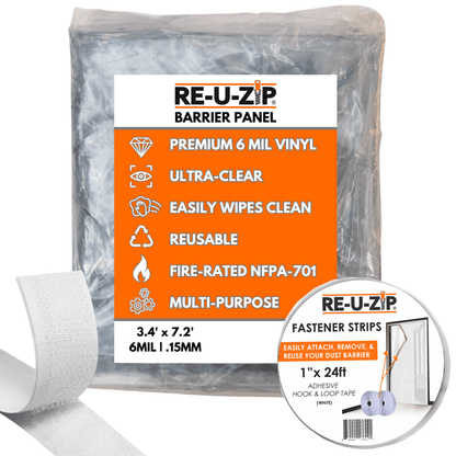 RE-U-ZIP INNOVATIVE DUST BARRIER SOLUTIONS Construction STANDARD 6 Mil (3.4 x 7.2ft) RE-U-ZIP® ULTRA-CLEAR HOOK & LOOP BARRIER KIT