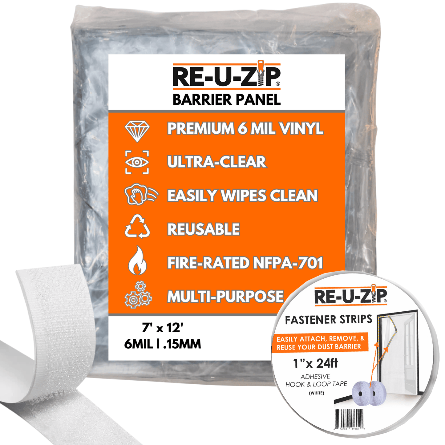 RE-U-ZIP INNOVATIVE DUST BARRIER SOLUTIONS Construction XL 6 Mil (7 x 12ft) RE-U-ZIP® ULTRA-CLEAR HOOK & LOOP BARRIER KIT