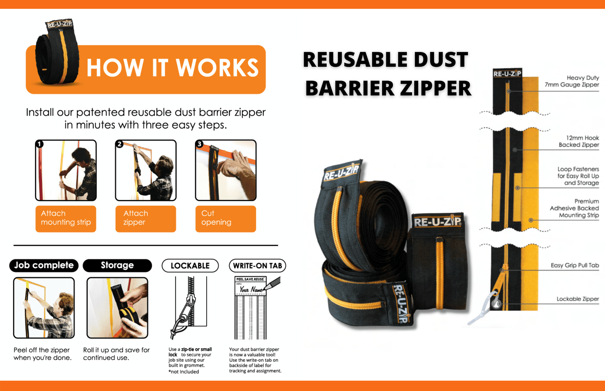 RE-U-ZIP INNOVATIVE DUST BARRIER SOLUTIONS Construction RE-U-ZIP™ Reusable Dust Barrier Zipper Bundle | 12 Pack