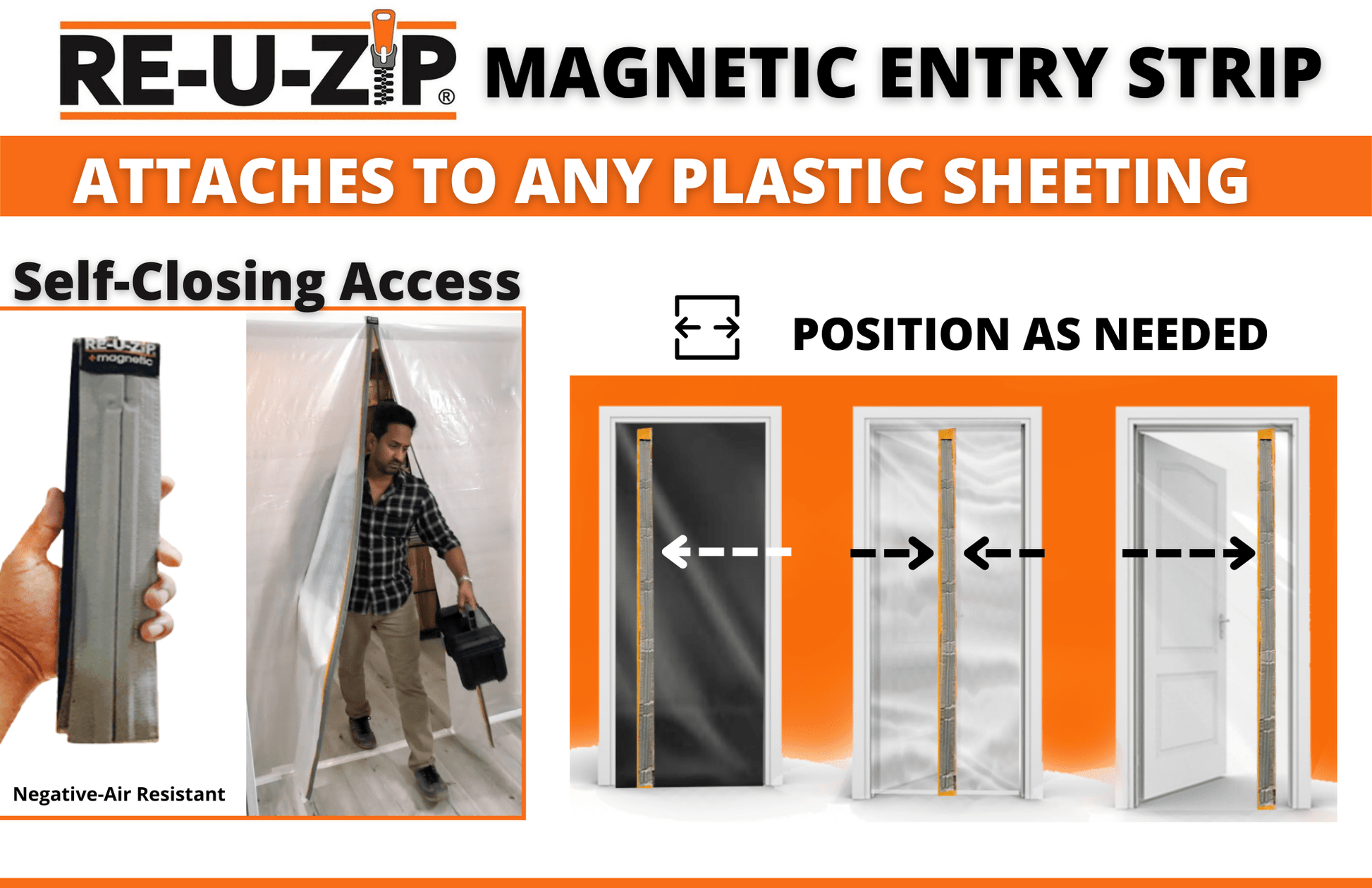 RE-U-ZIP INNOVATIVE DUST BARRIER SOLUTIONS Construction RE-U-ZIP™ Reusable Magnetic Entry Strip  |  3-Pack Bundle